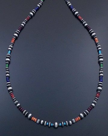 Multi Stone and Sterling Silver Beaded Necklace Navajo Coral