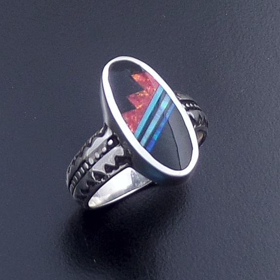 Handmade Native American Zuni Inlay store Blue Fire Opal Sterling Silver Ring Size 7.5