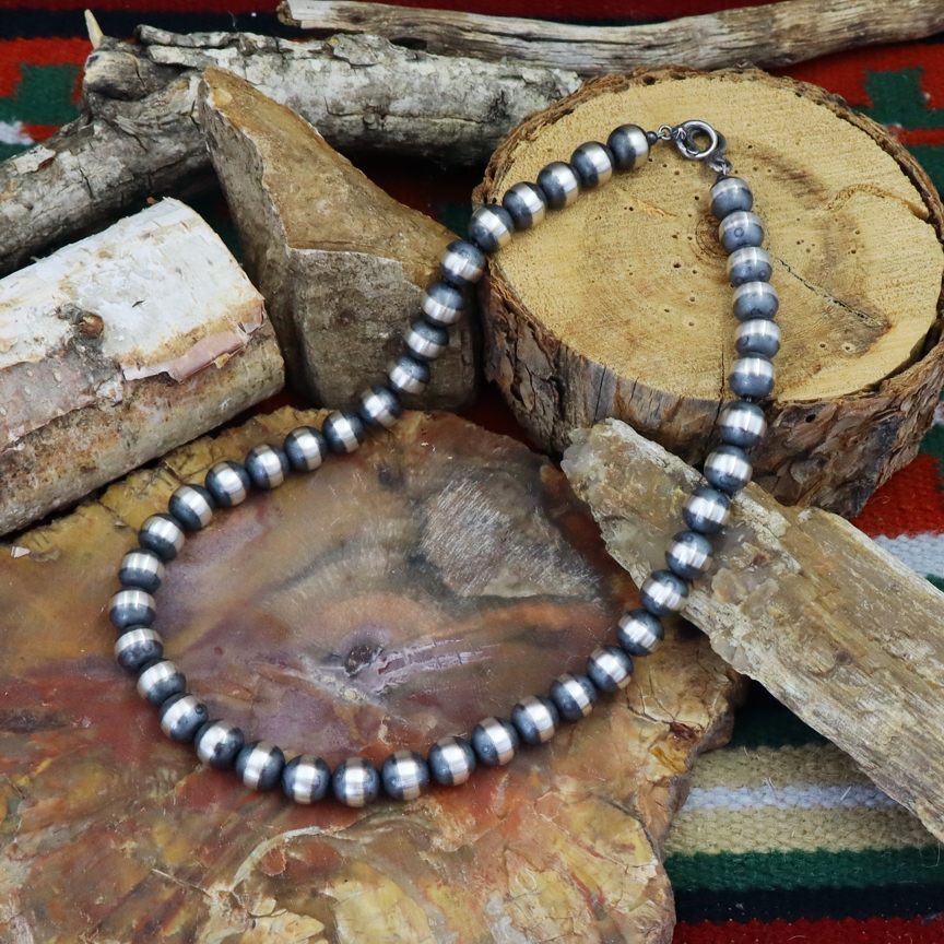 10mm Navajo Pearl Burnished Sterling Silver Bead Necklace - Castle