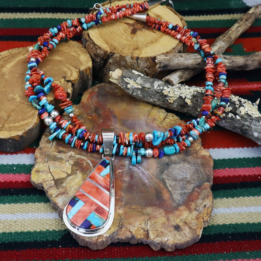天然石ネックレス　ターコイズ　ナンホーン瑪瑙　赤青　6pcs SV925刻印 51014 Daniel Coriz Multi Stone Nugget Necklace & Sterling Silver